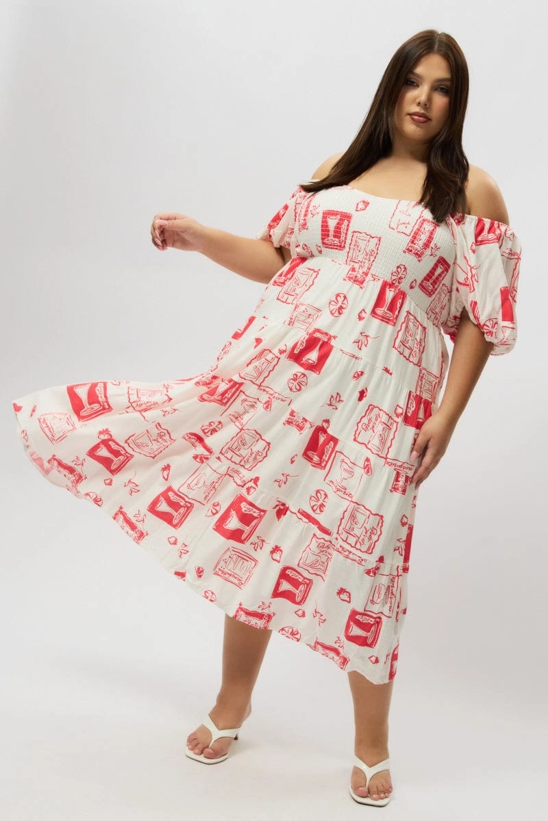 Red Abstract Midi Dress Short Sleeve Tiered Linen Blend Balanced Tones