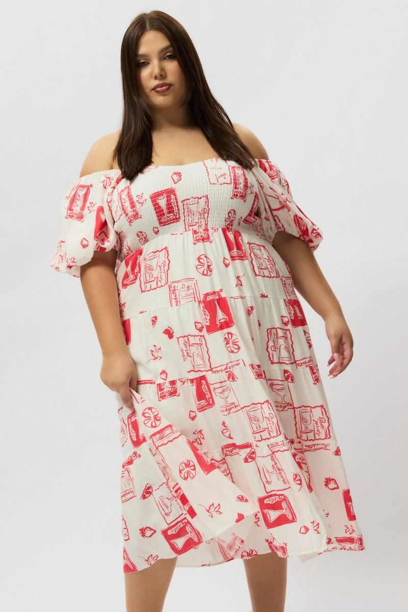 Casual Days Red Abstract Midi Dress Short Sleeve Tiered Linen Blend