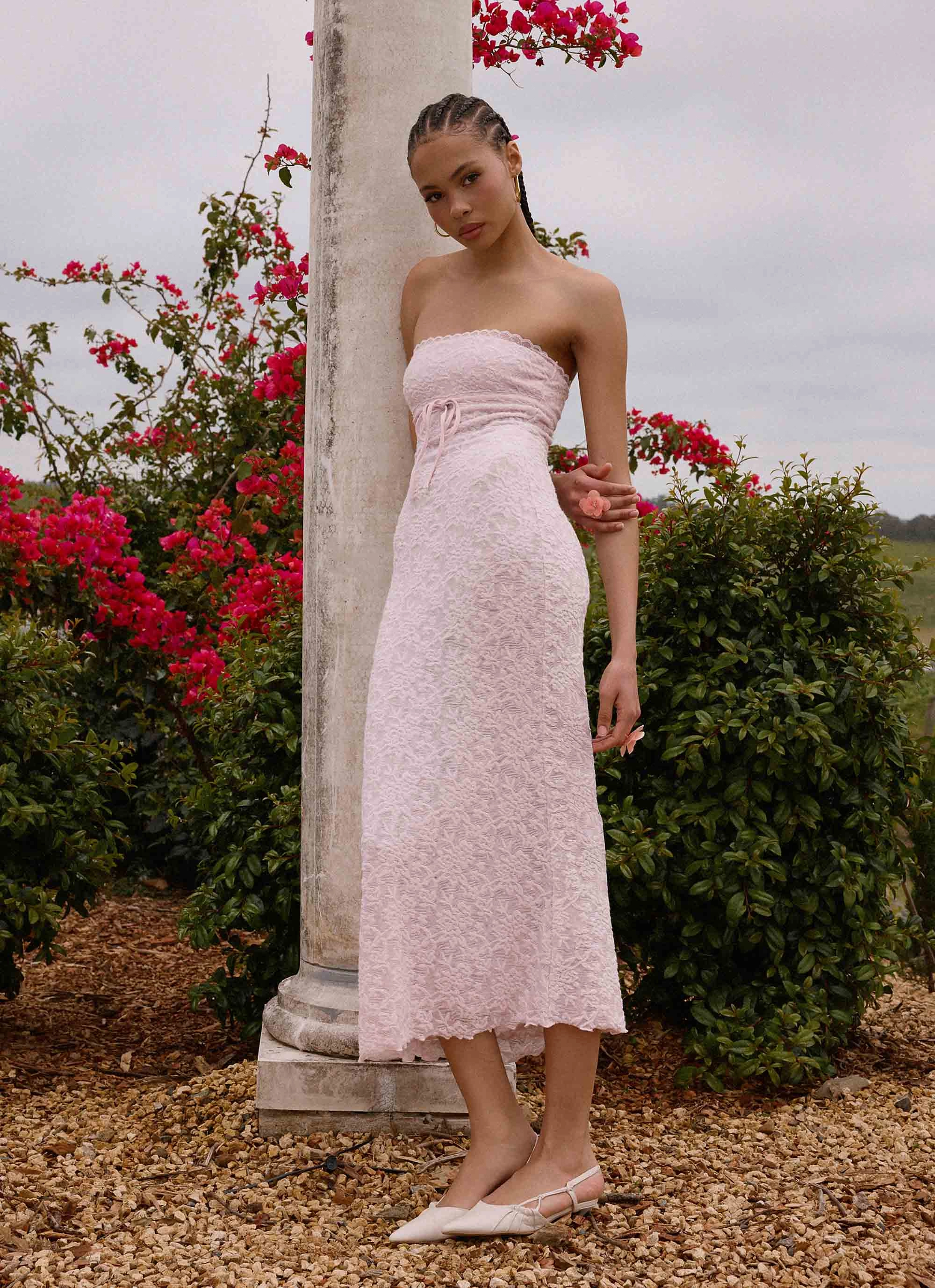 Gentle Motion Timeless and Comfortable Alida Strapless Jacquard Midi Dress - Pink