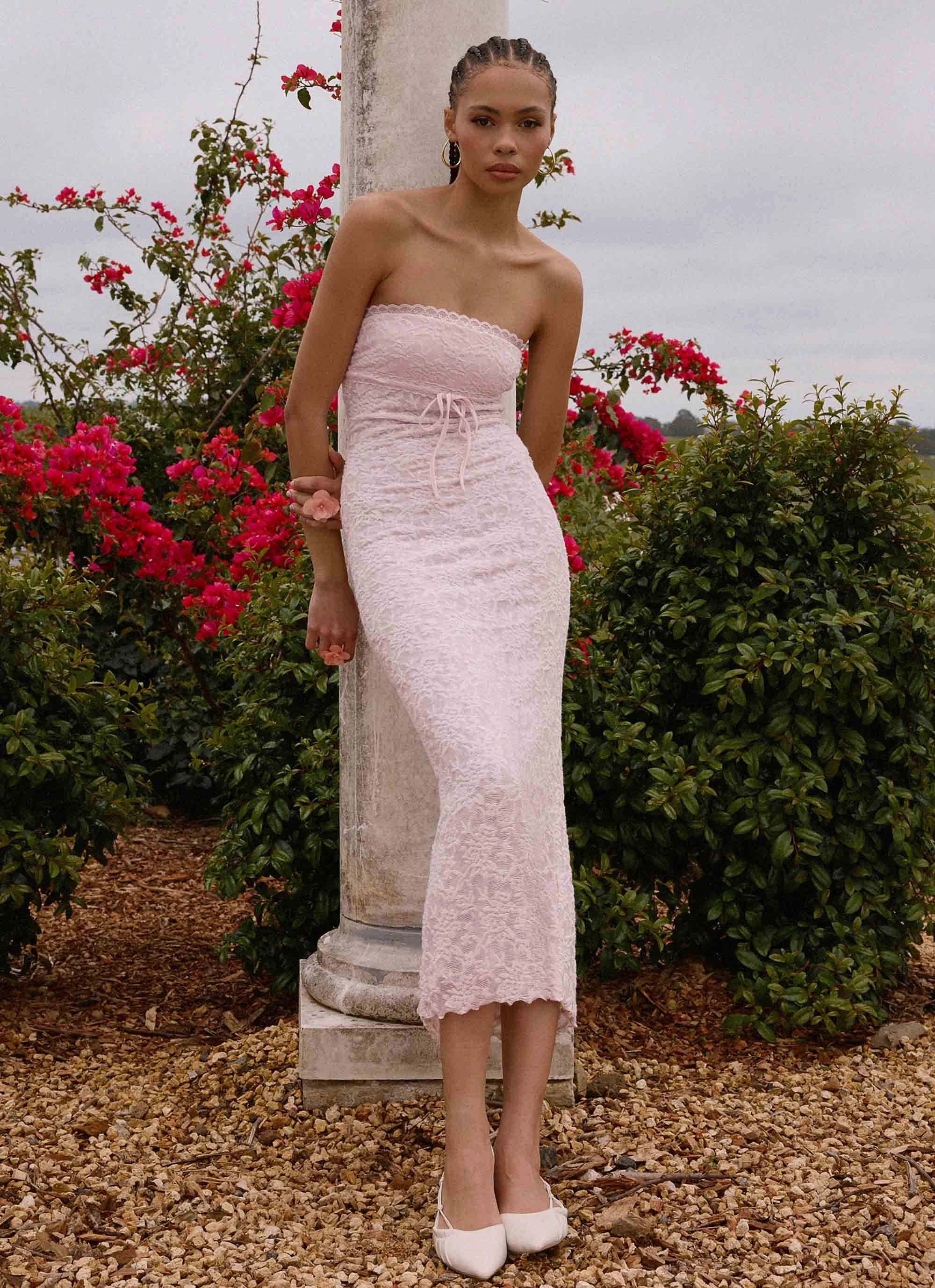 Alida Strapless Jacquard Midi Dress - Pink Elegant Fit Form Focus
