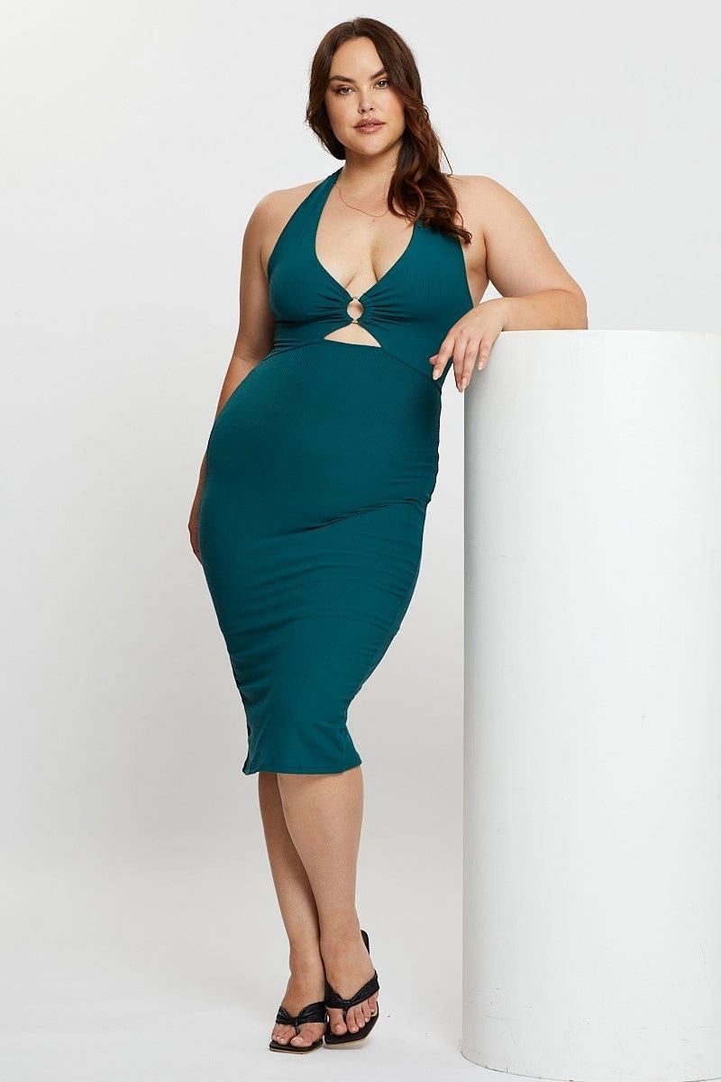 Soft Detail Formal Wear Green Midi Bodycon Dress Halter Jersey