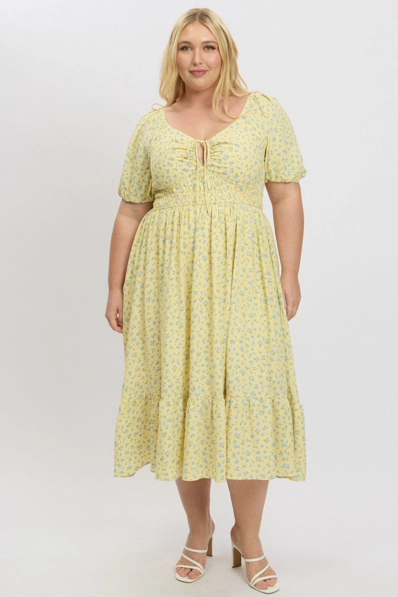 Body Confidence Formal dinner wear Yellow Ditsy Midi Dress Short Sleeve Ruched