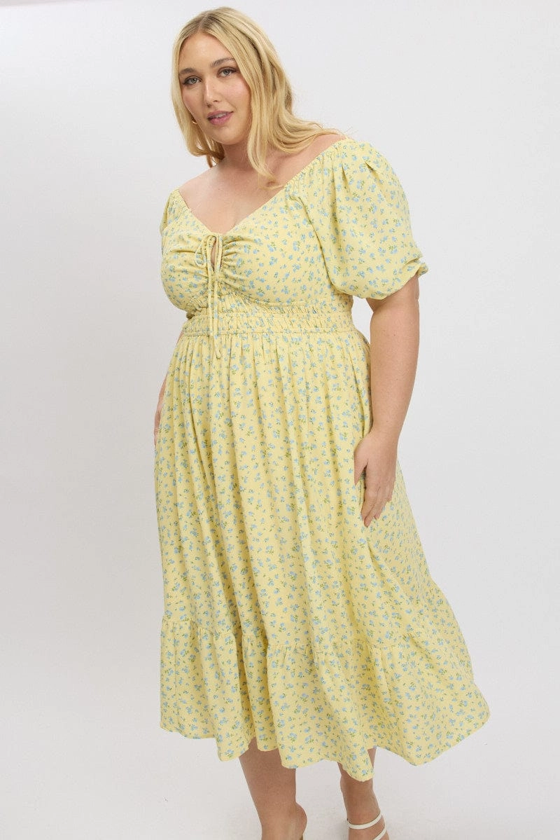Timeless Comfort Wear Yellow Ditsy Midi Dress Short Sleeve Ruched