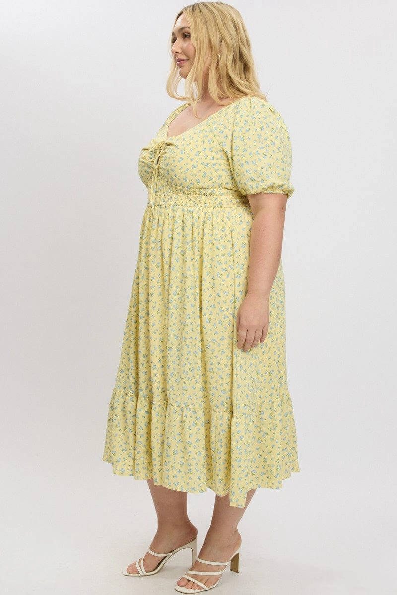 Yellow Ditsy Midi Dress Short Sleeve Ruched Soft Tones