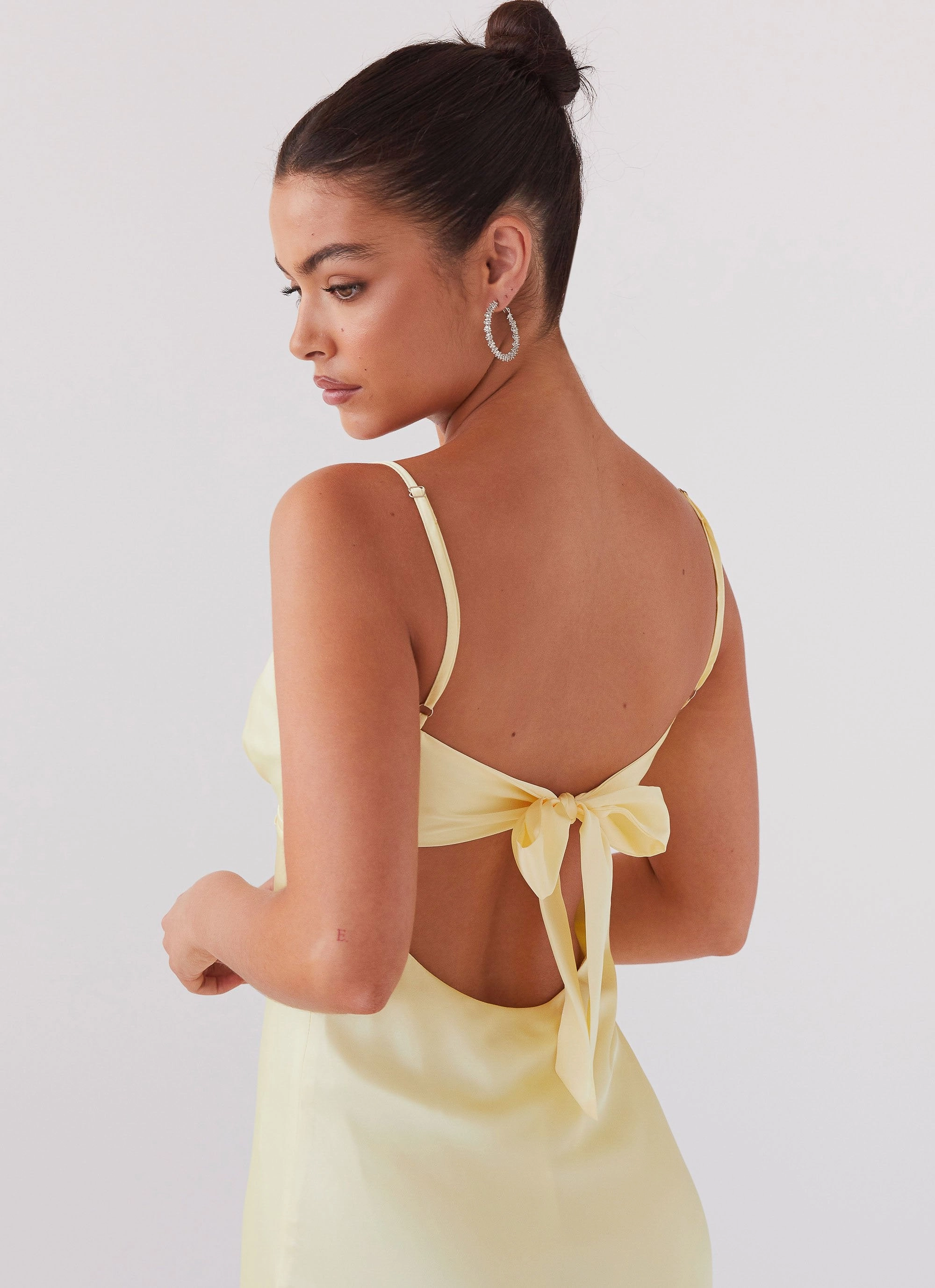Flora Satin Maxi Dress - Lemon Mesh-Detail Vibe Style