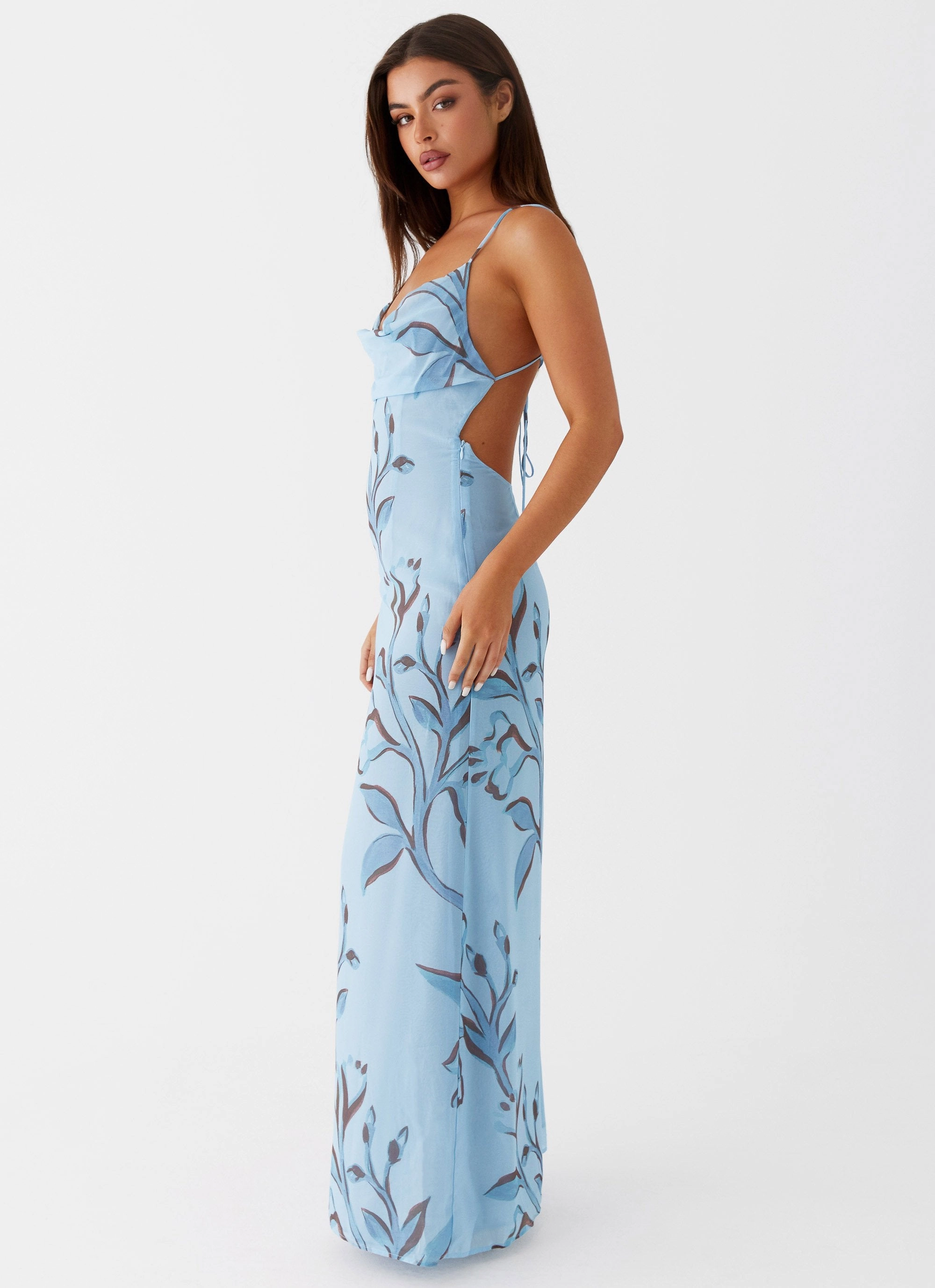 Felicia Daisy Maxi Dress - Blue Floral Bold Design Soft Layers