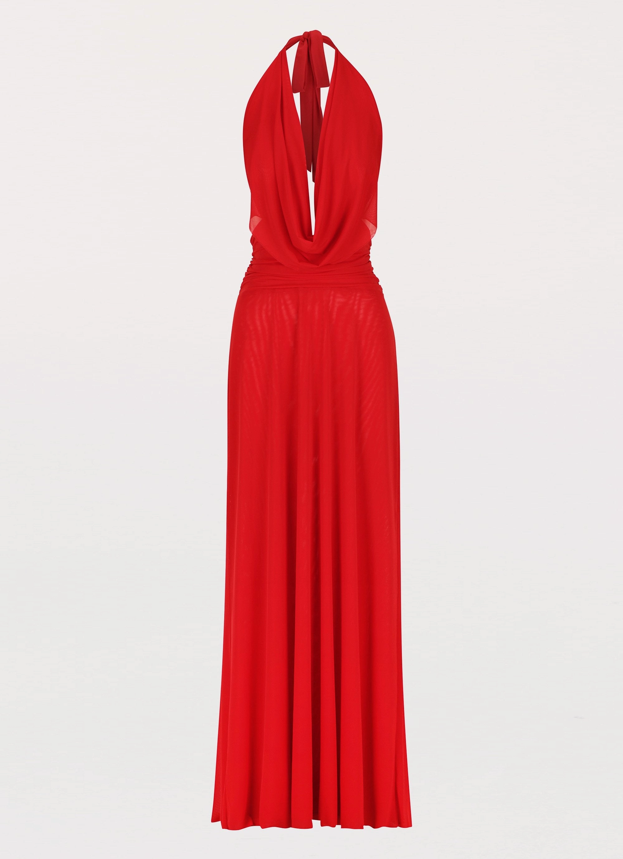 Elysia Mesh Maxi Dress - Cherry Red Waist Seam All-Season Comfort