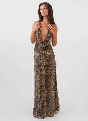 Smart Glide Lace Detail Elysia Mesh Maxi Dress - Leopard