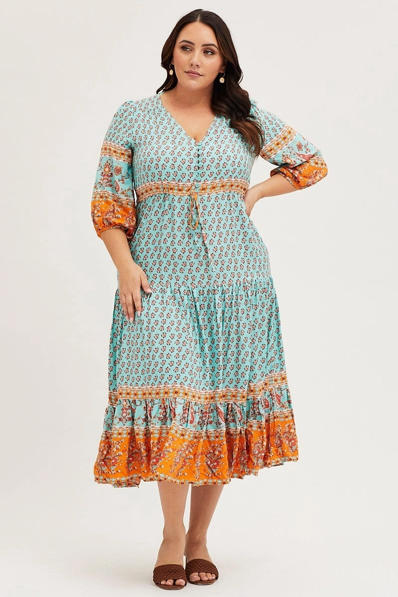 Boho Print Maxi Dress V-neck Long Sleeve Relaxing Style