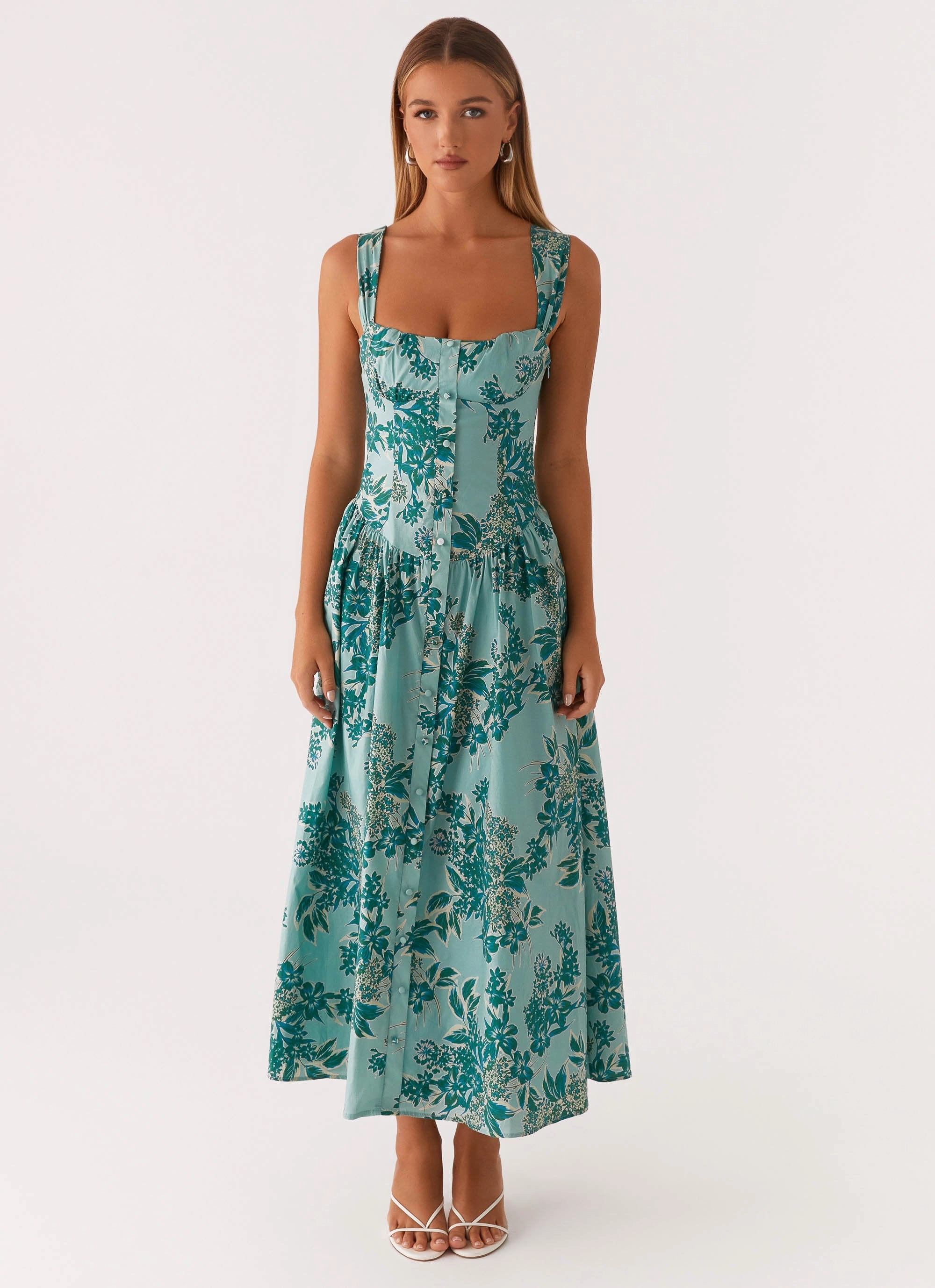 Emmalina Midi Dress - Cloud Nine Floral Flattering Waistband