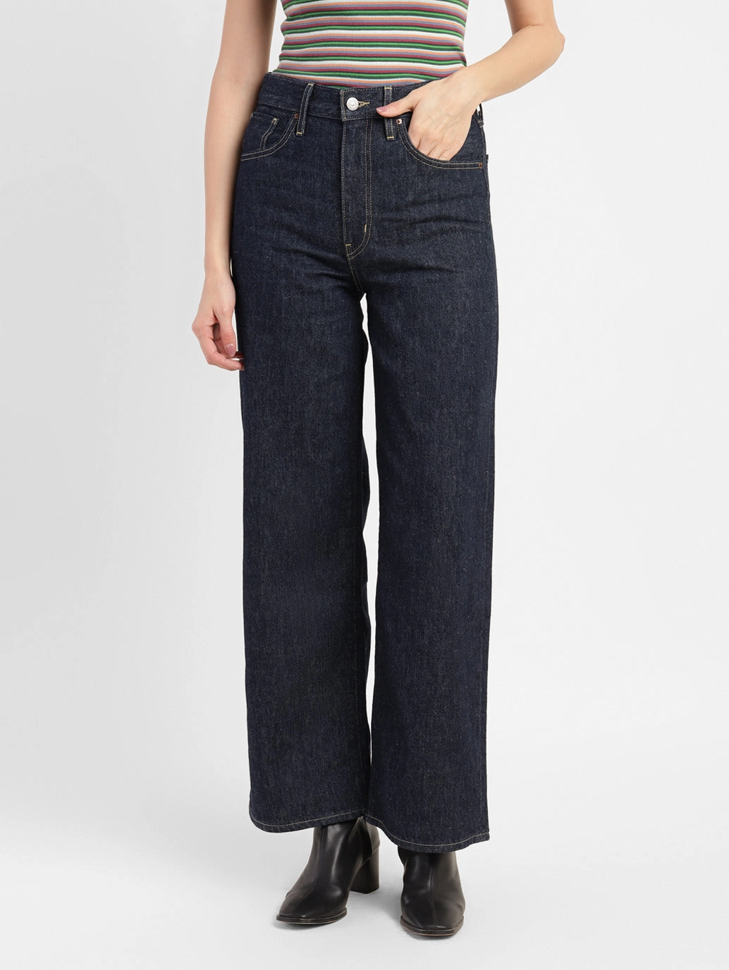 Women's Navy Blue Mile High Wide Leg Fit High Rise Jeans Date Night Daily Wear