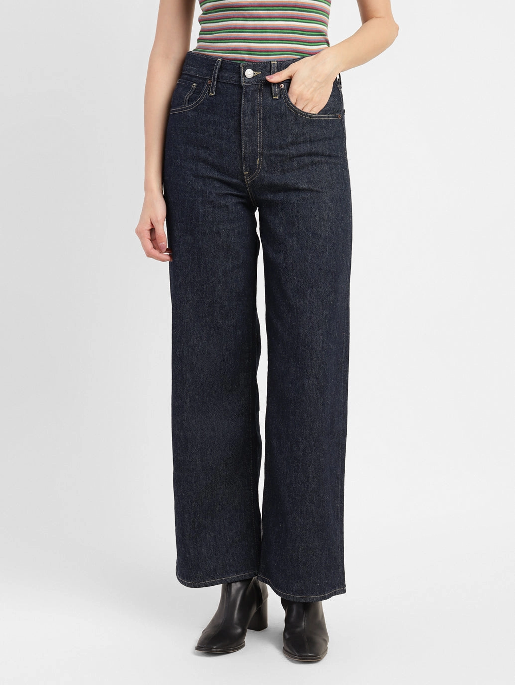 Move With Ease Women's Navy Blue Mile High Wide Leg Fit High Rise Jeans