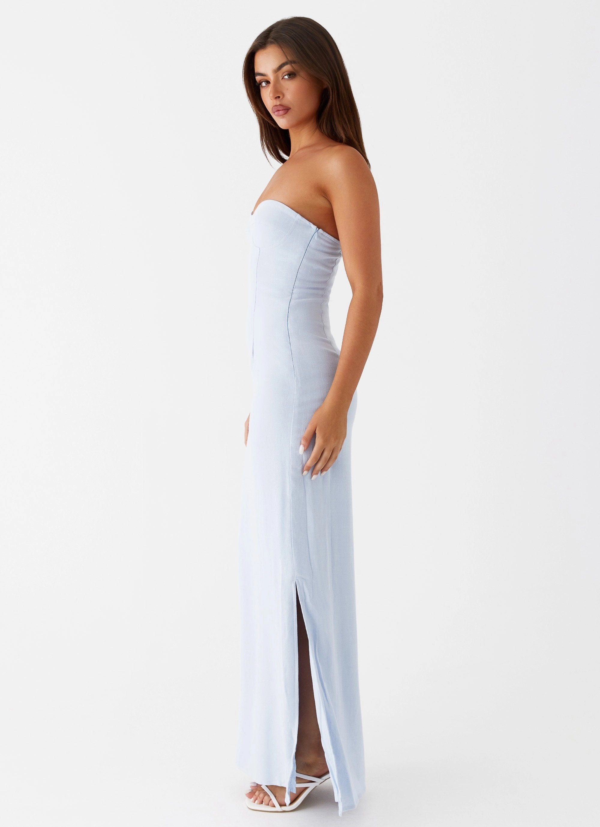 Resort-Wear Vacation Vibes Esra Linen Strapless Maxi Dress - Blue