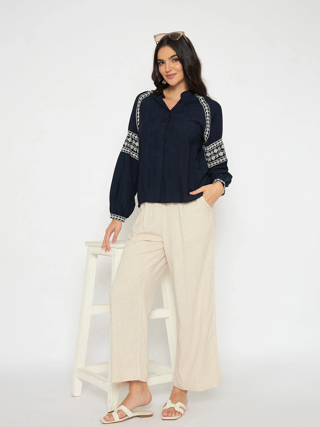 Madame Straight Fit Solid Beige Rayon Blend Trousers Fit Freedom