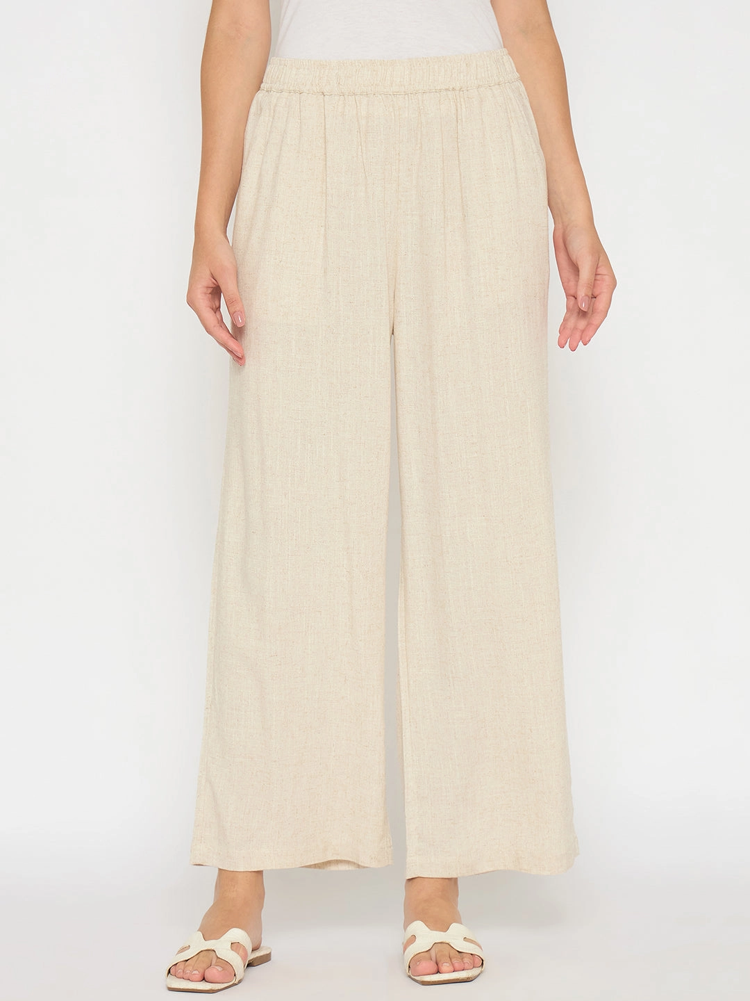 Madame Straight Fit Solid Beige Rayon Blend Trousers Temperature Regulating Fabric