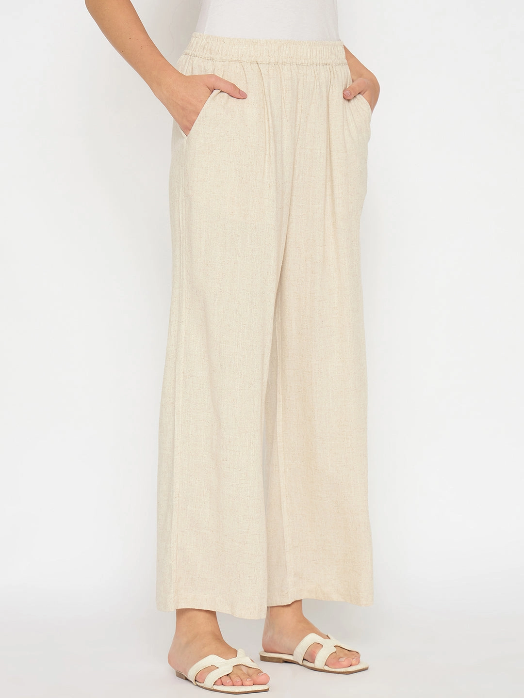 Easy Movement Madame Straight Fit Solid Beige Rayon Blend Trousers