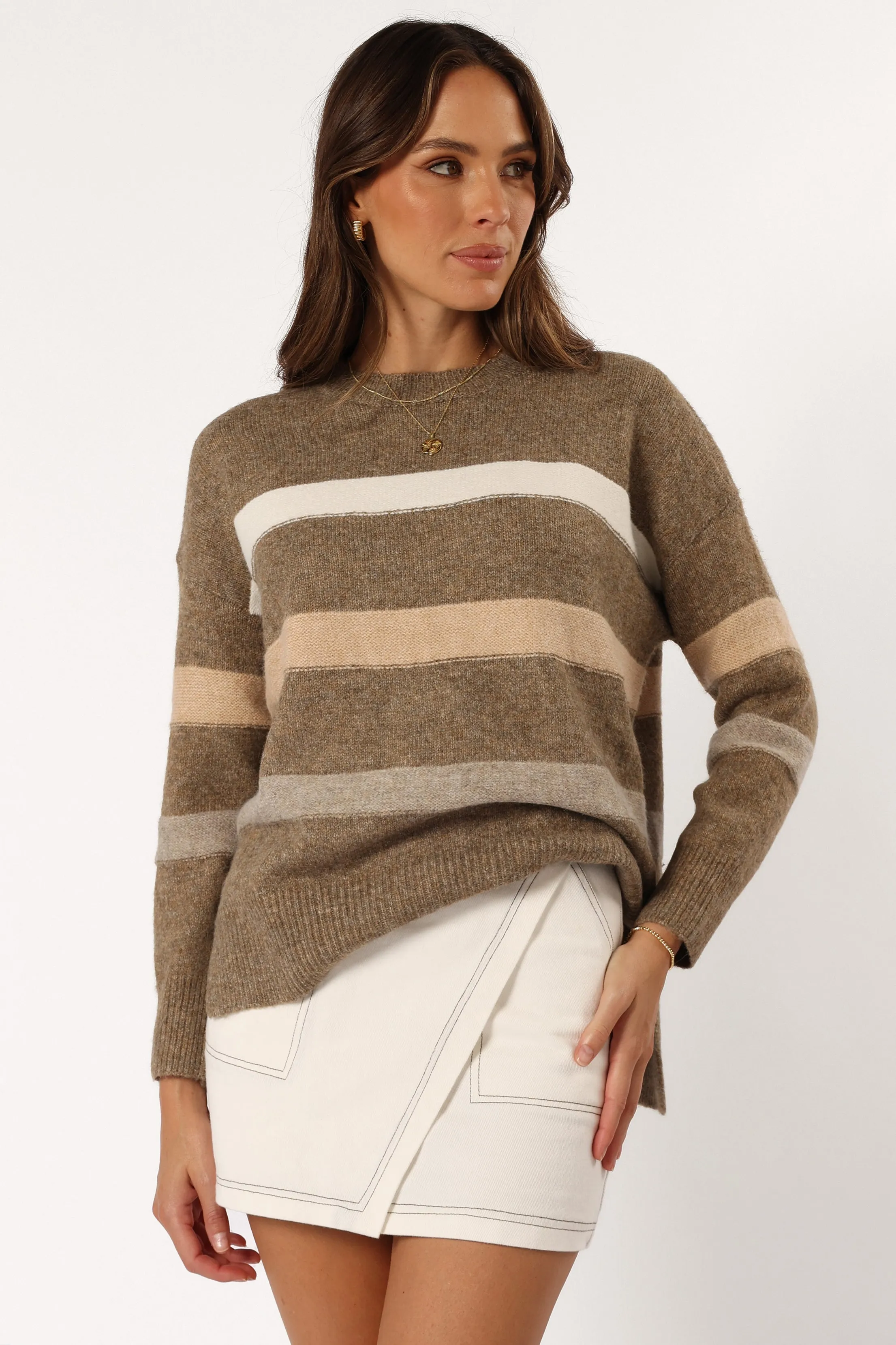 Versatile Trend Microfiber Blend Esther Stripe Knit Sweater - Brown