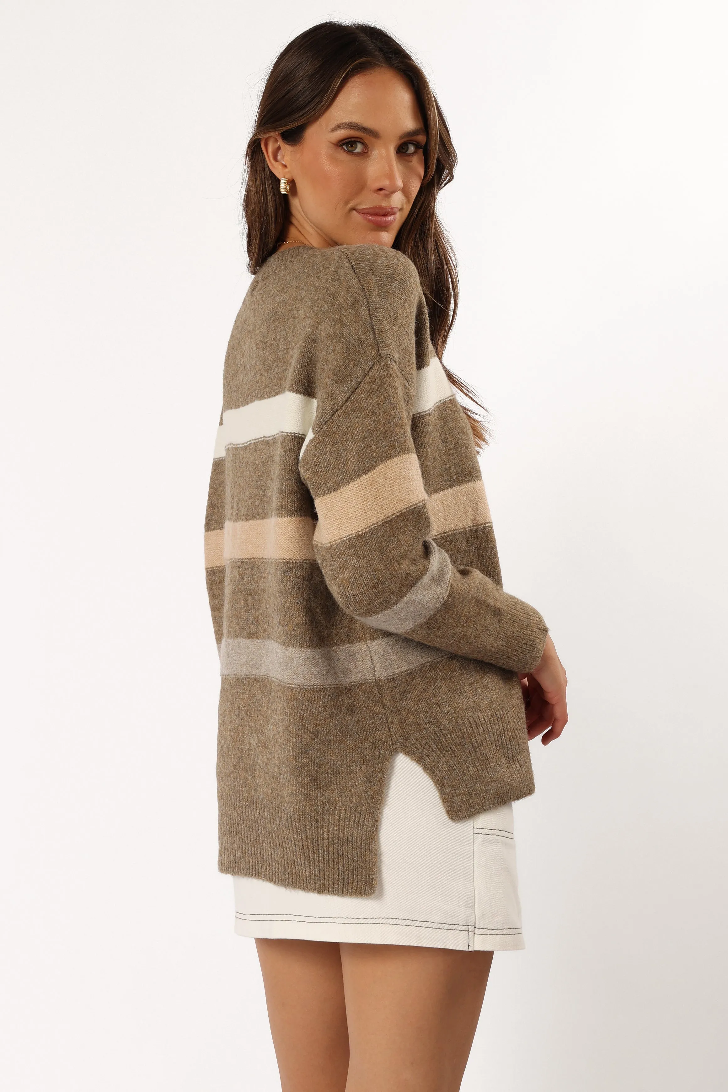 Breathable Liner Integration Reinforced Neckline Esther Stripe Knit Sweater - Brown