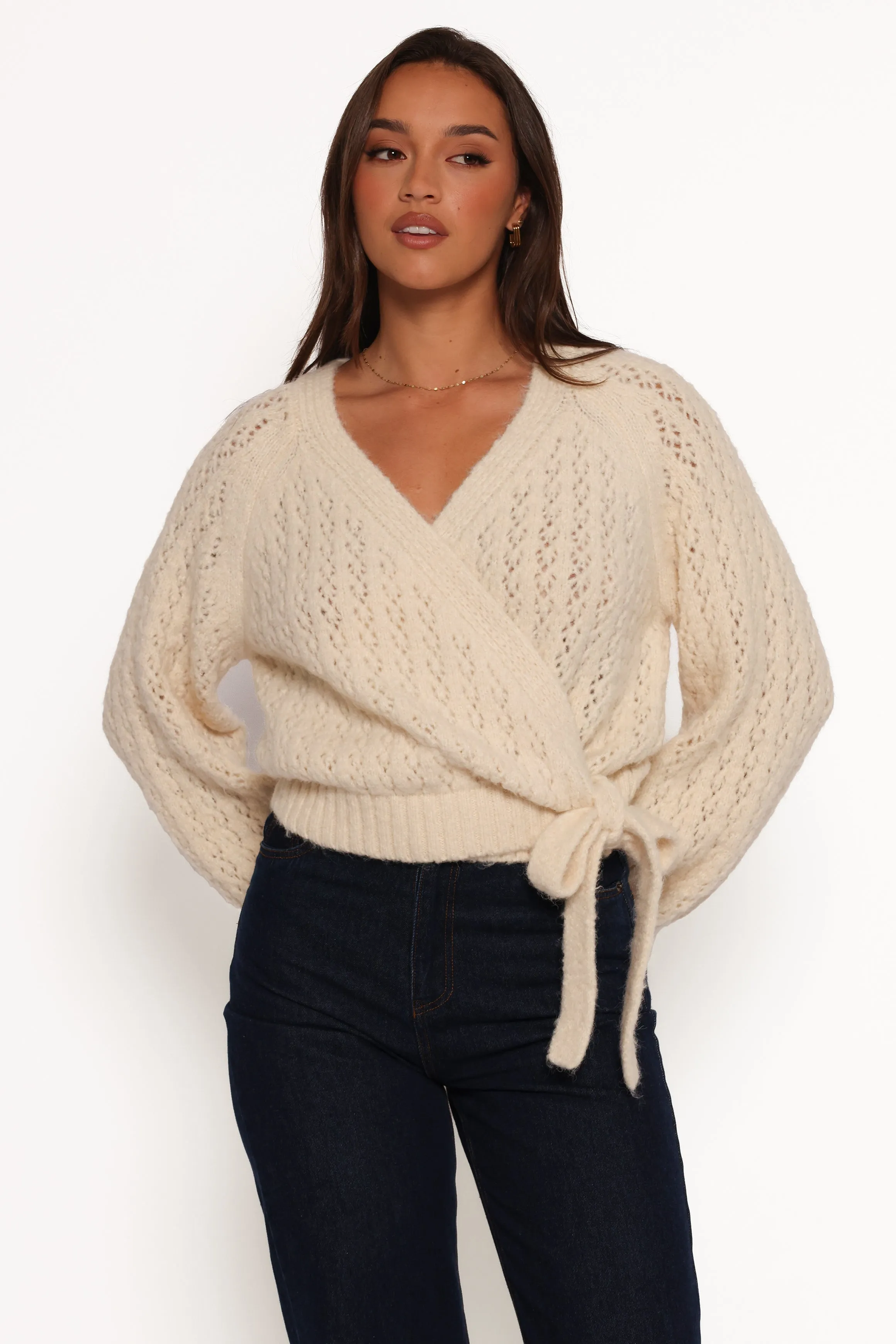 Compact Knit Structure Cold Trend Etta Ballet Wrap Knit Sweater - Cream