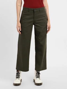 Women's Mid Rise Olive Relaxed Fit Trousers Comfy Vibes FlexibleKnees