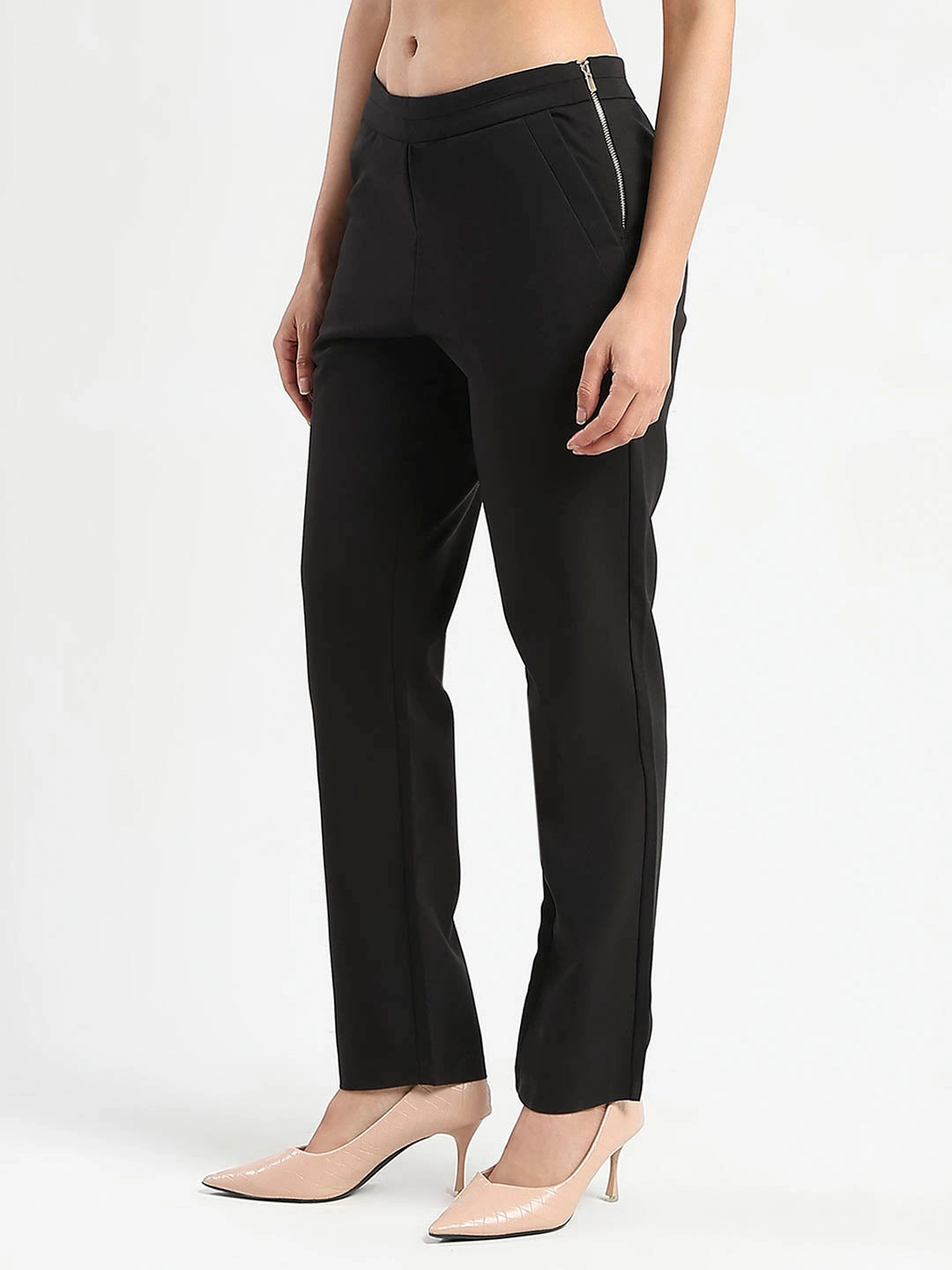 Madame High-Waist Cotton Blend Black Trousers Stretchable MoistureWickingFabric