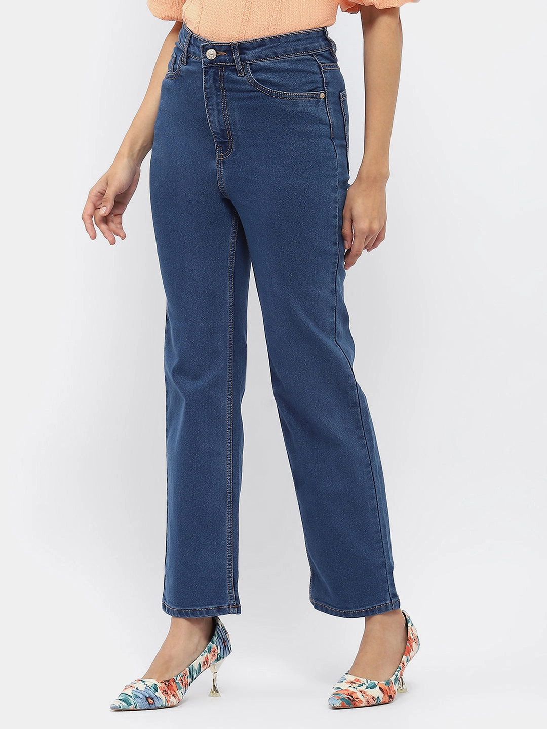High-End Style Madame Solid Mid Blue Wide Leg Jeans