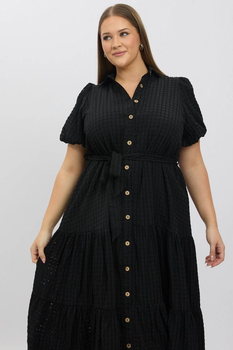 Limited-Edition Polished Cut Black Midi Dress Short Sleeve Tiered Shirt