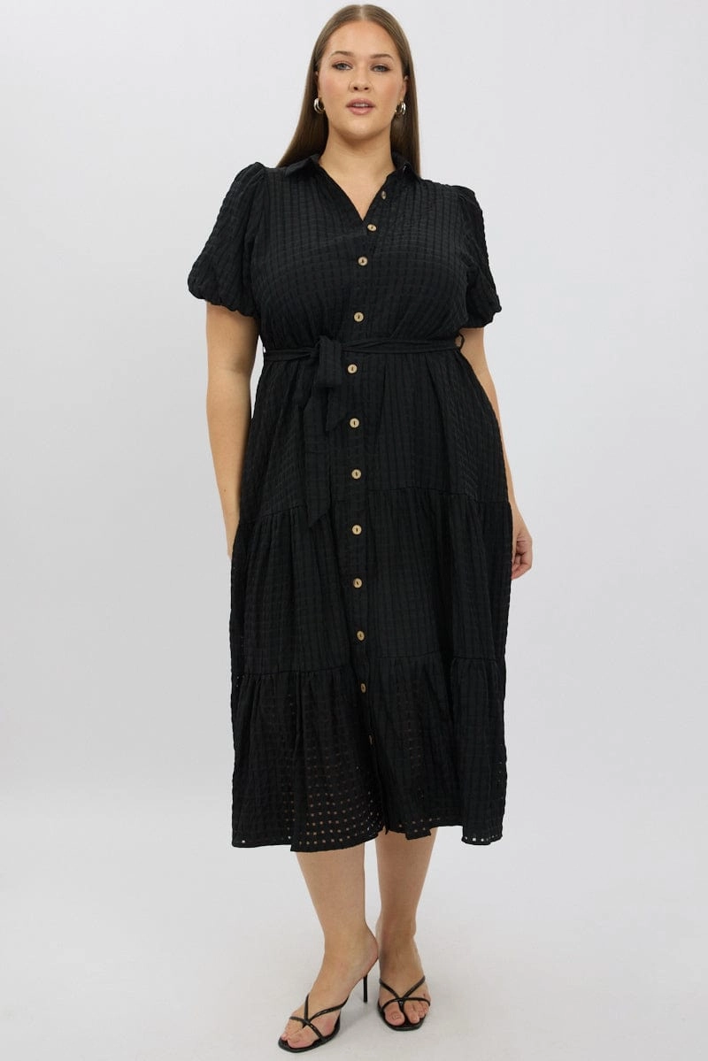 Black Midi Dress Short Sleeve Tiered Shirt Occasion Wear Fashionable Style