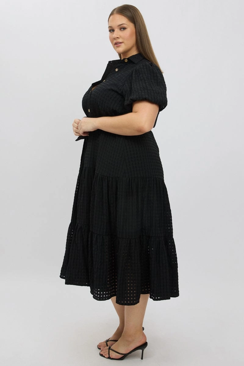 Wrinkle-Resistant Seasonal Wear Black Midi Dress Short Sleeve Tiered Shirt