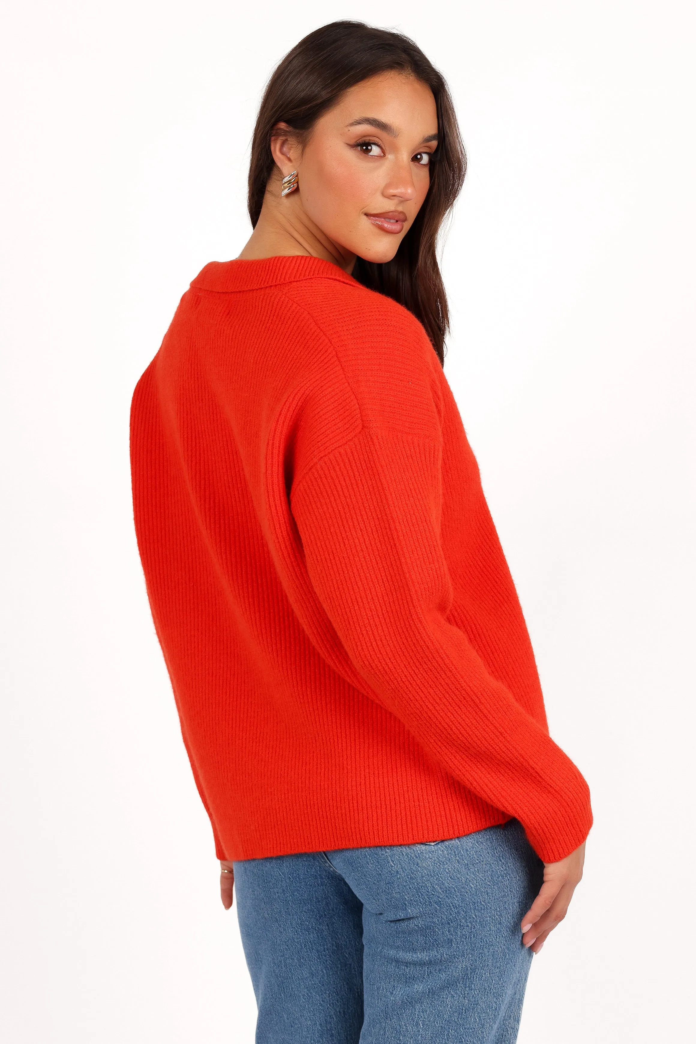 Zala Vneck Collar Knit Sweater - Red Non Chafing Seams Layered Knit Structure