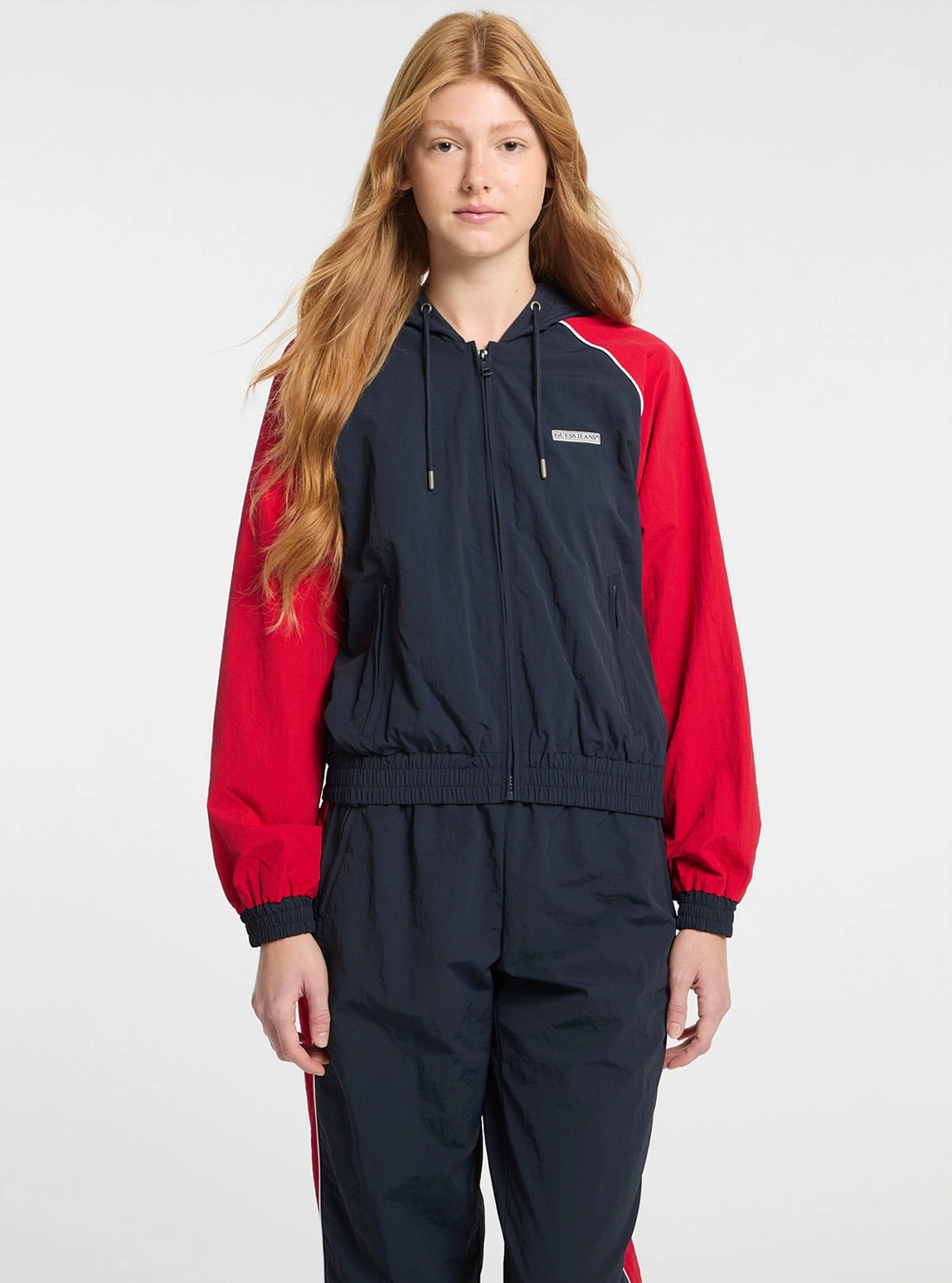 Four Way Stretch Multi Pocket Guess Jeans Navy Red Windbreaker Jacket