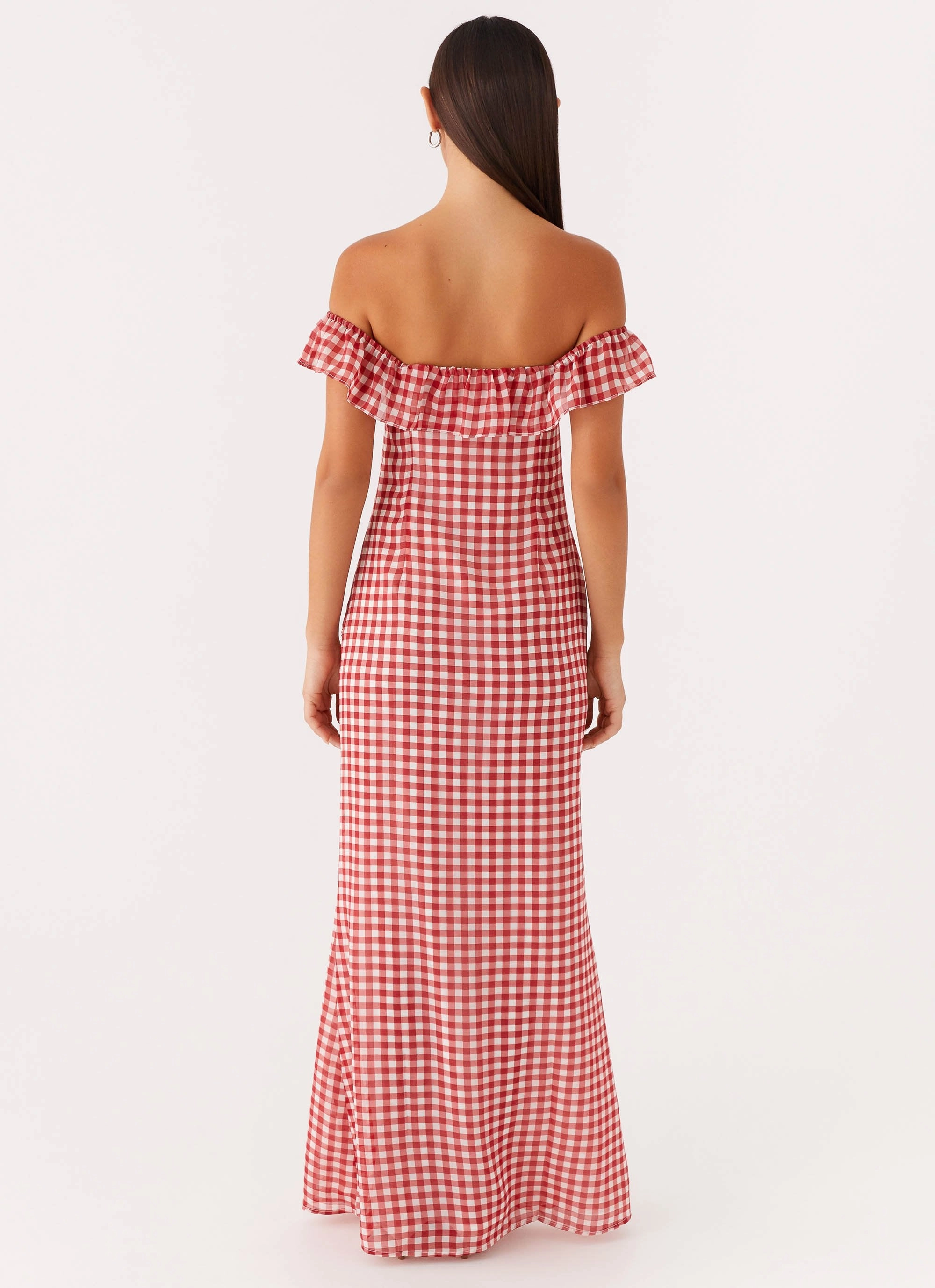 Scarlet Cherry Maxi Dress - Red Gingham Tailored Cut Embroidered Fabric
