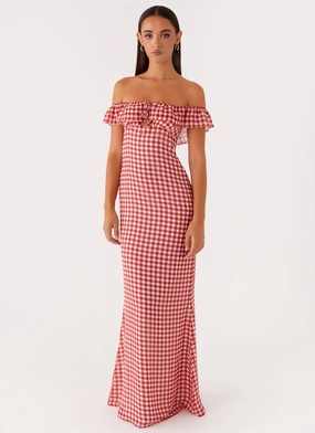 Scarlet Cherry Maxi Dress - Red Gingham Fall Ready Feminine Mood