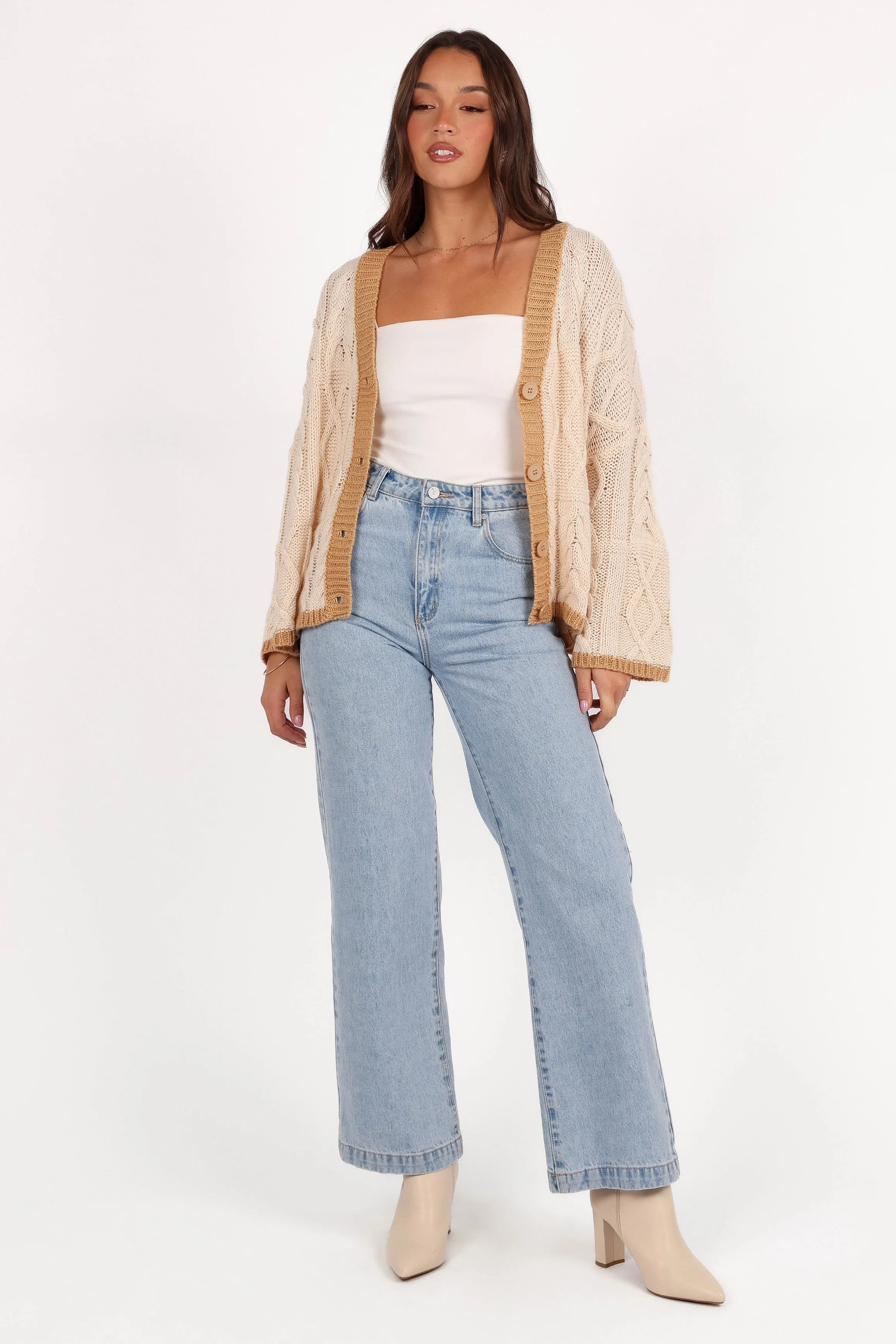 Zina Contrast Cardigan - Tan Snug Style ribbed texture