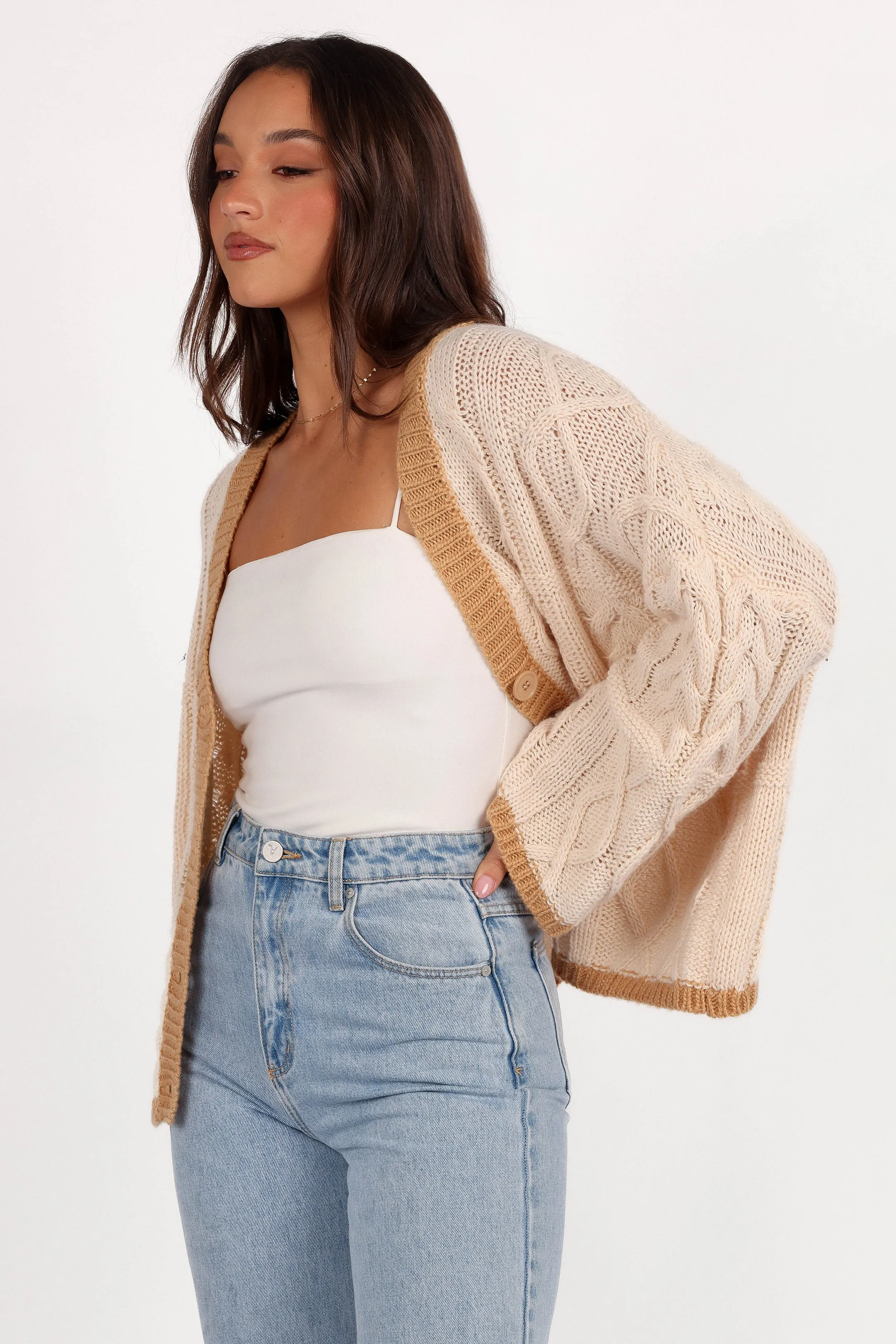 Oversized Collar Style Zina Contrast Cardigan - Tan