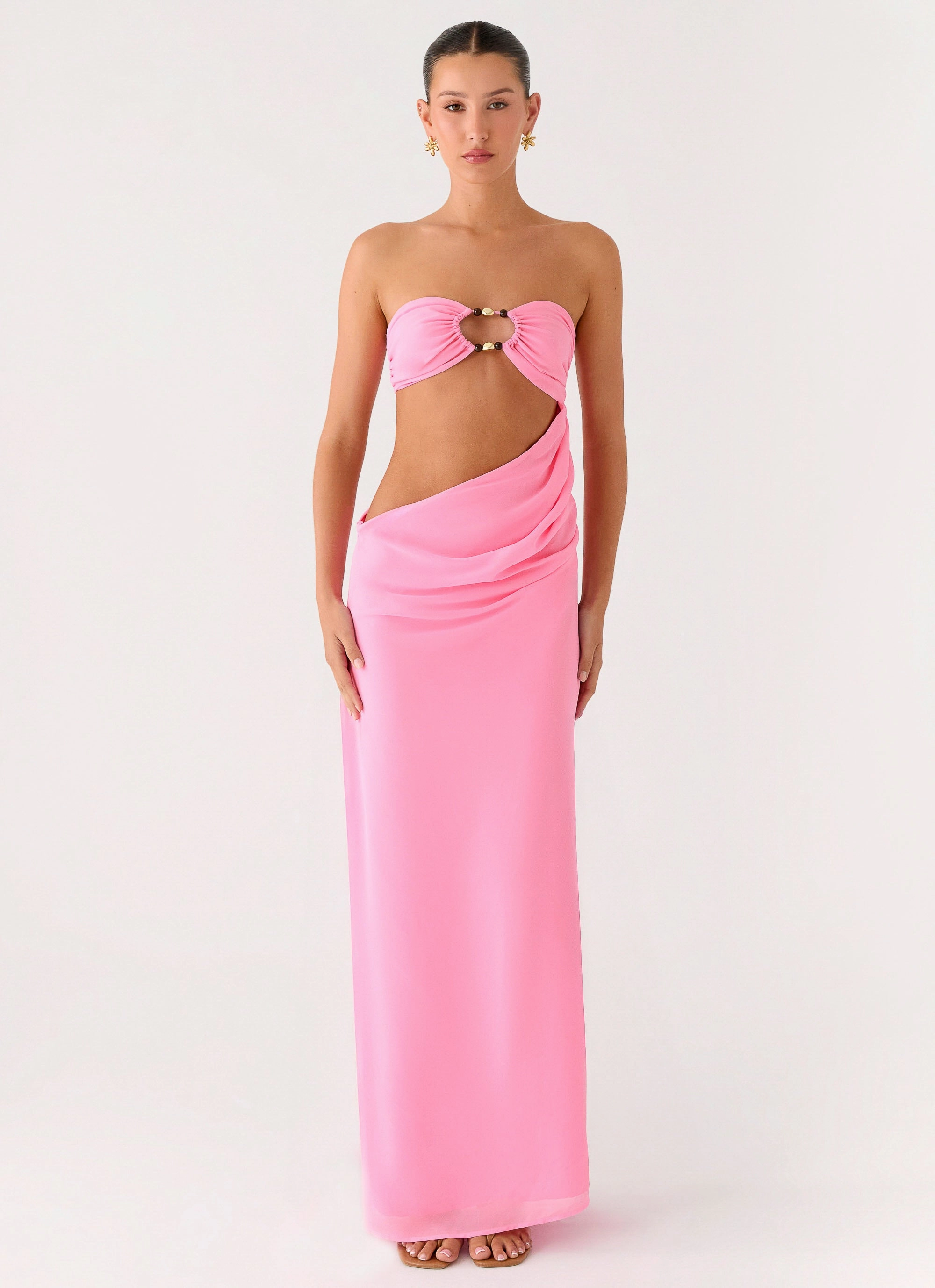 Falling Forever Strapless Beaded Maxi Dress - Pink Airy Comfort