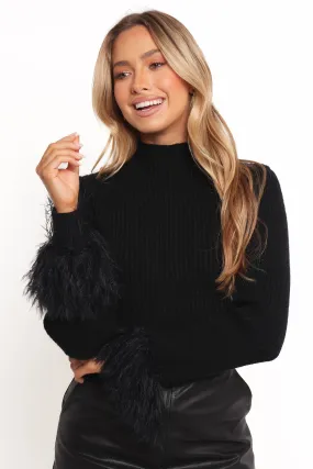 Drop Shoulder Simple Piece Fame Crewneck Feather Sleeve Knit Sweater - Black