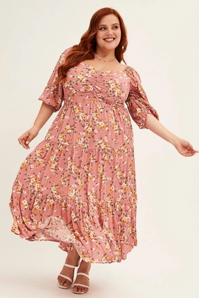 Matte-finish Ditsy Print Short Puff Sleeve Pink Ditsy Rayon Midi Dress