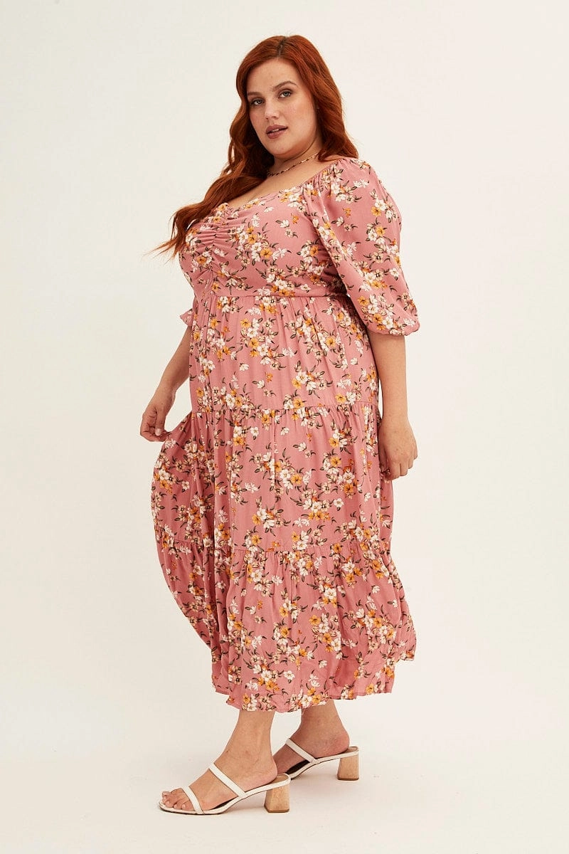 Perfect Waistband Ditsy Print Short Puff Sleeve Pink Ditsy Rayon Midi Dress
