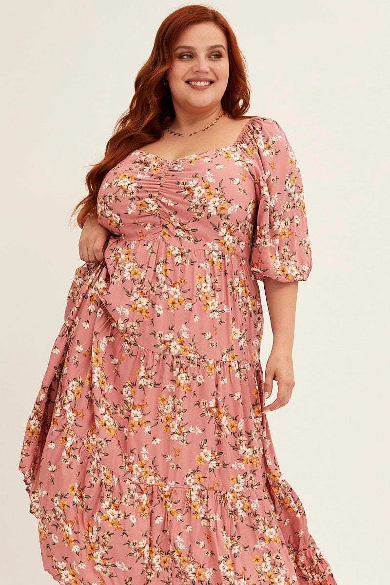 Ditsy Print Short Puff Sleeve Pink Ditsy Rayon Midi Dress Seasonal Fit