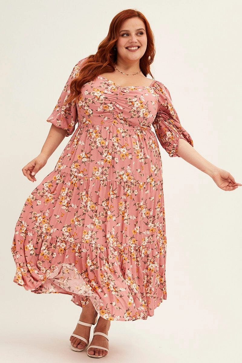 Matte-finish Ditsy Print Short Puff Sleeve Pink Ditsy Rayon Midi Dress