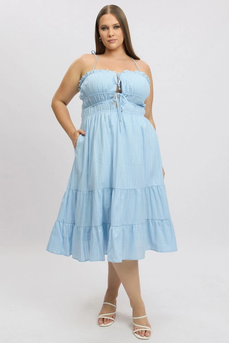 Soft Layering V Neckline Blue Midi Dress Sleeveless Tie Front Tiered Textured