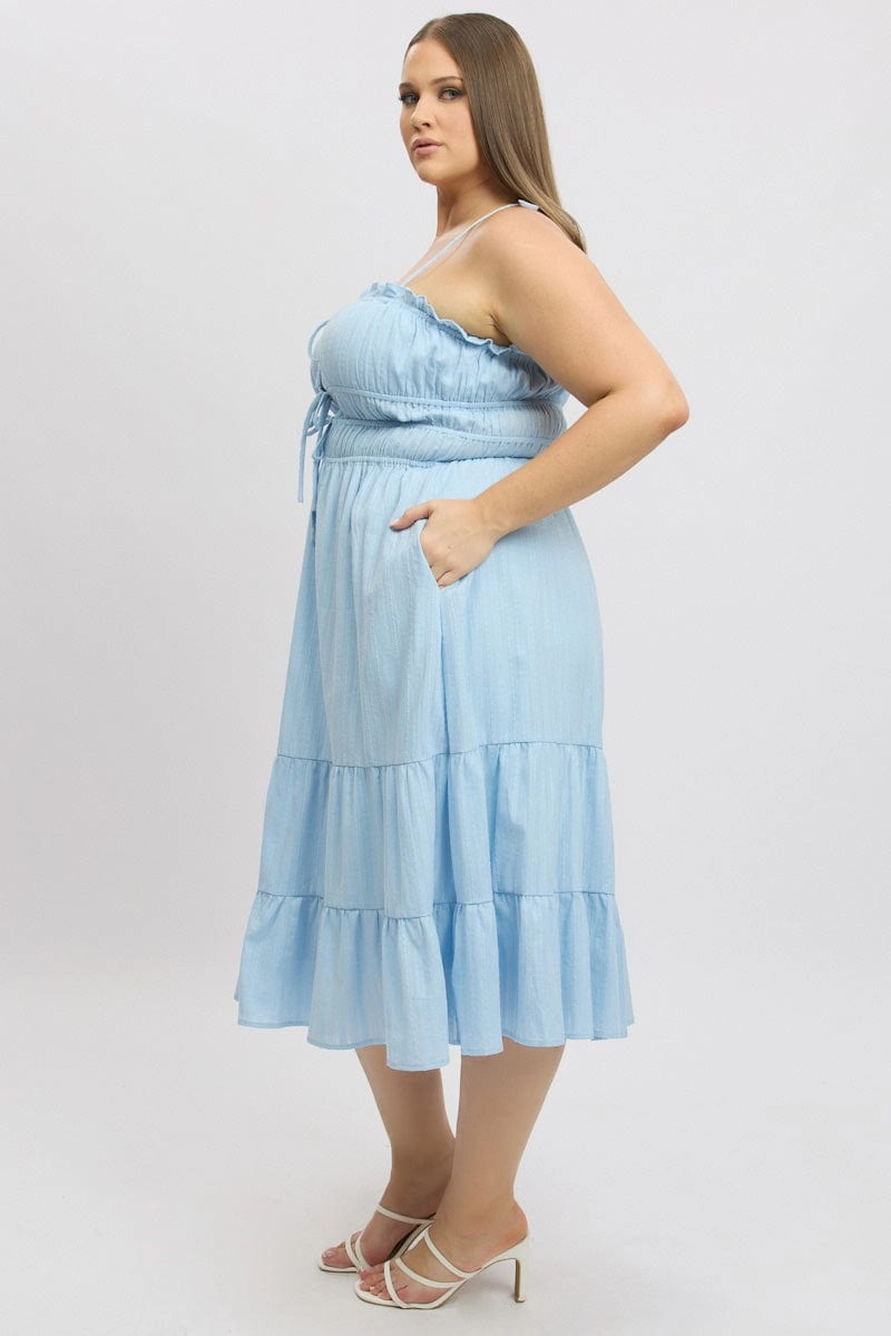 Street Casual Blue Midi Dress Sleeveless Tie Front Tiered Textured