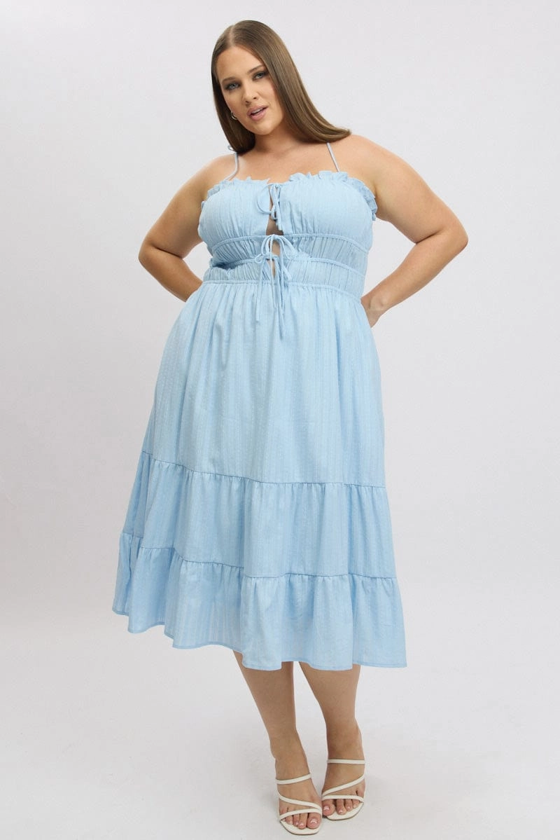 Subtle Touch Blue Midi Dress Sleeveless Tie Front Tiered Textured