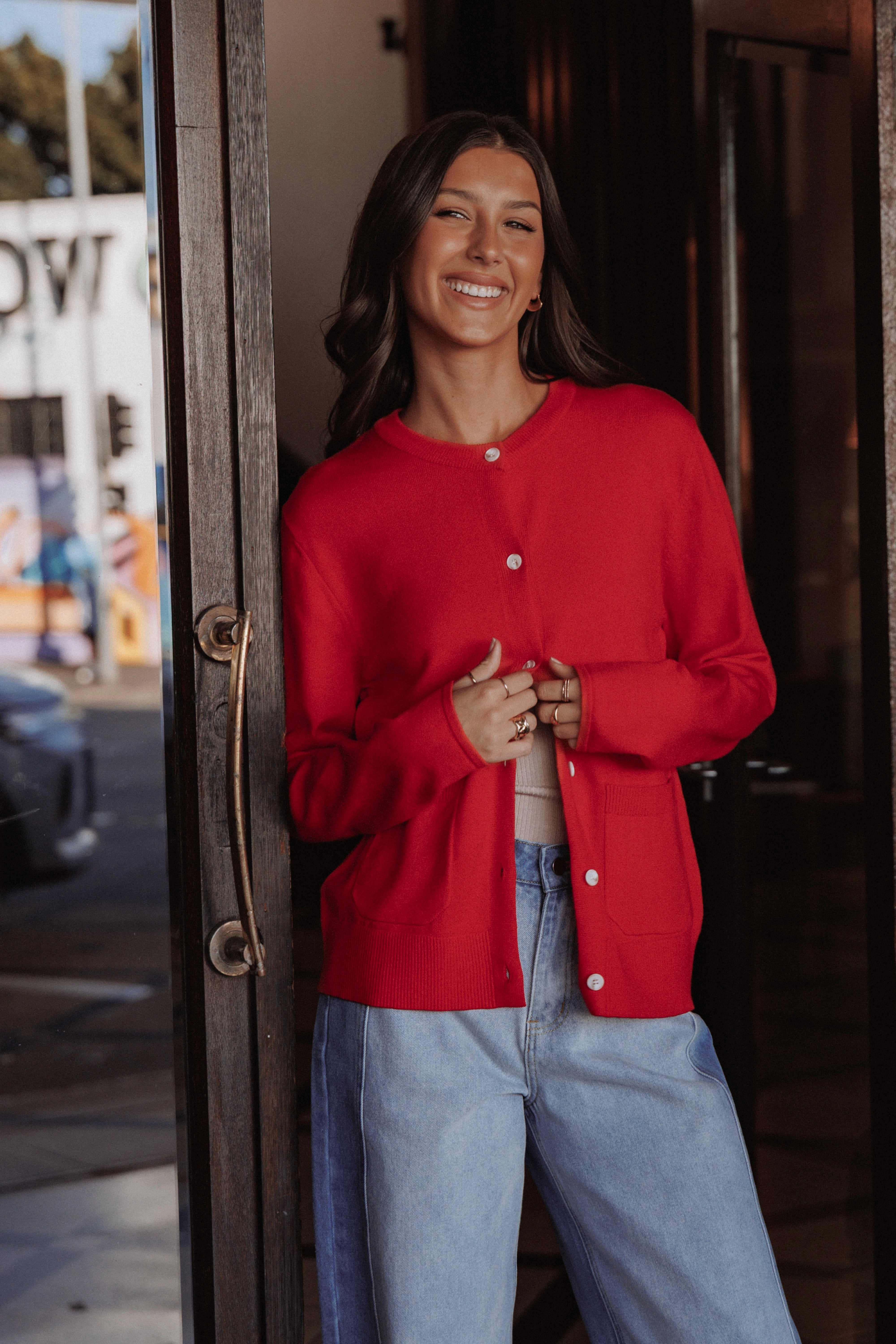 Abner Cardigan - Red Minimal Shrinkage Relaxed Armhole Fit