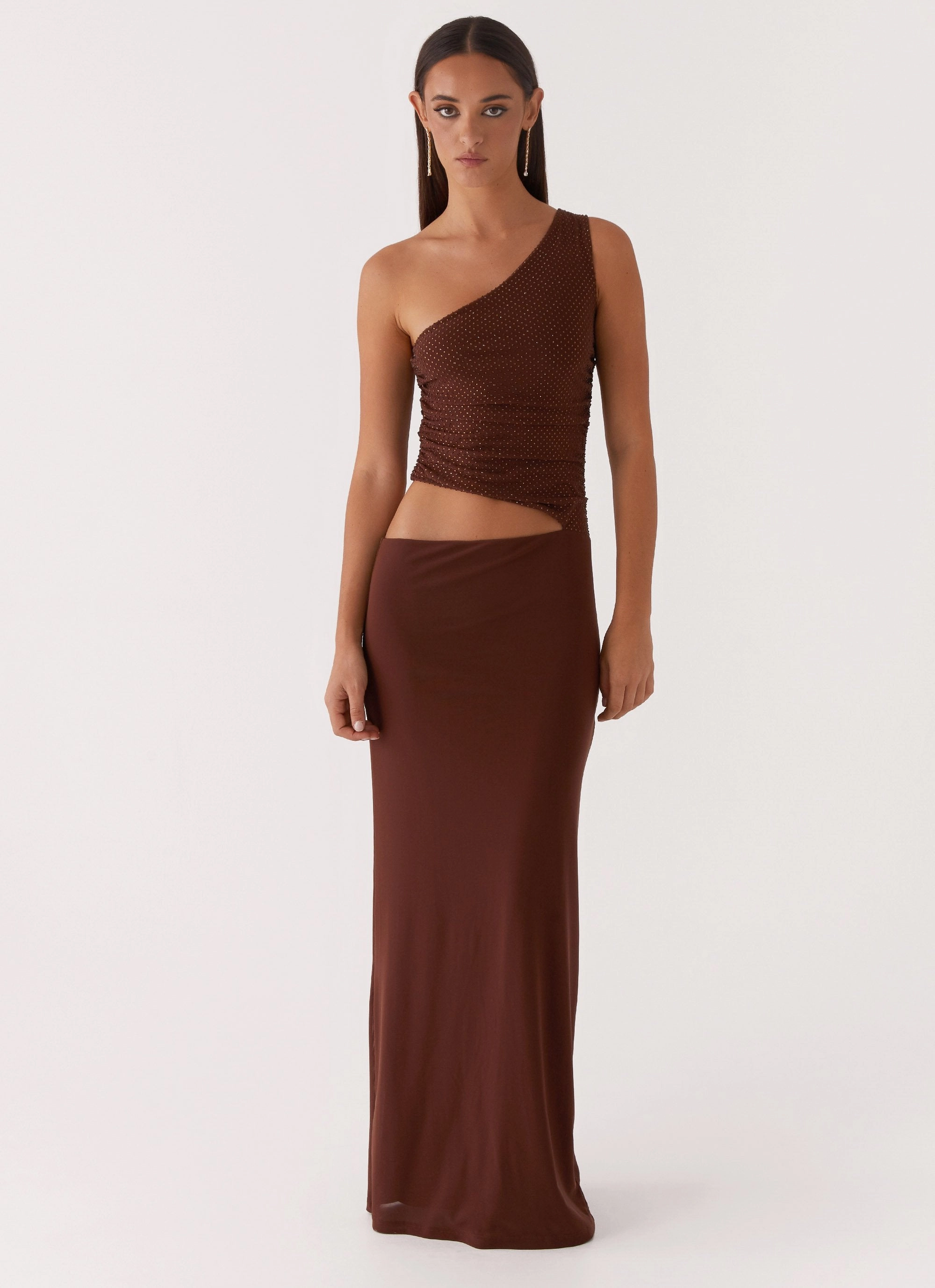 Halter-Neck Seranella Sequin One Shoulder Maxi Dress - Chocolate