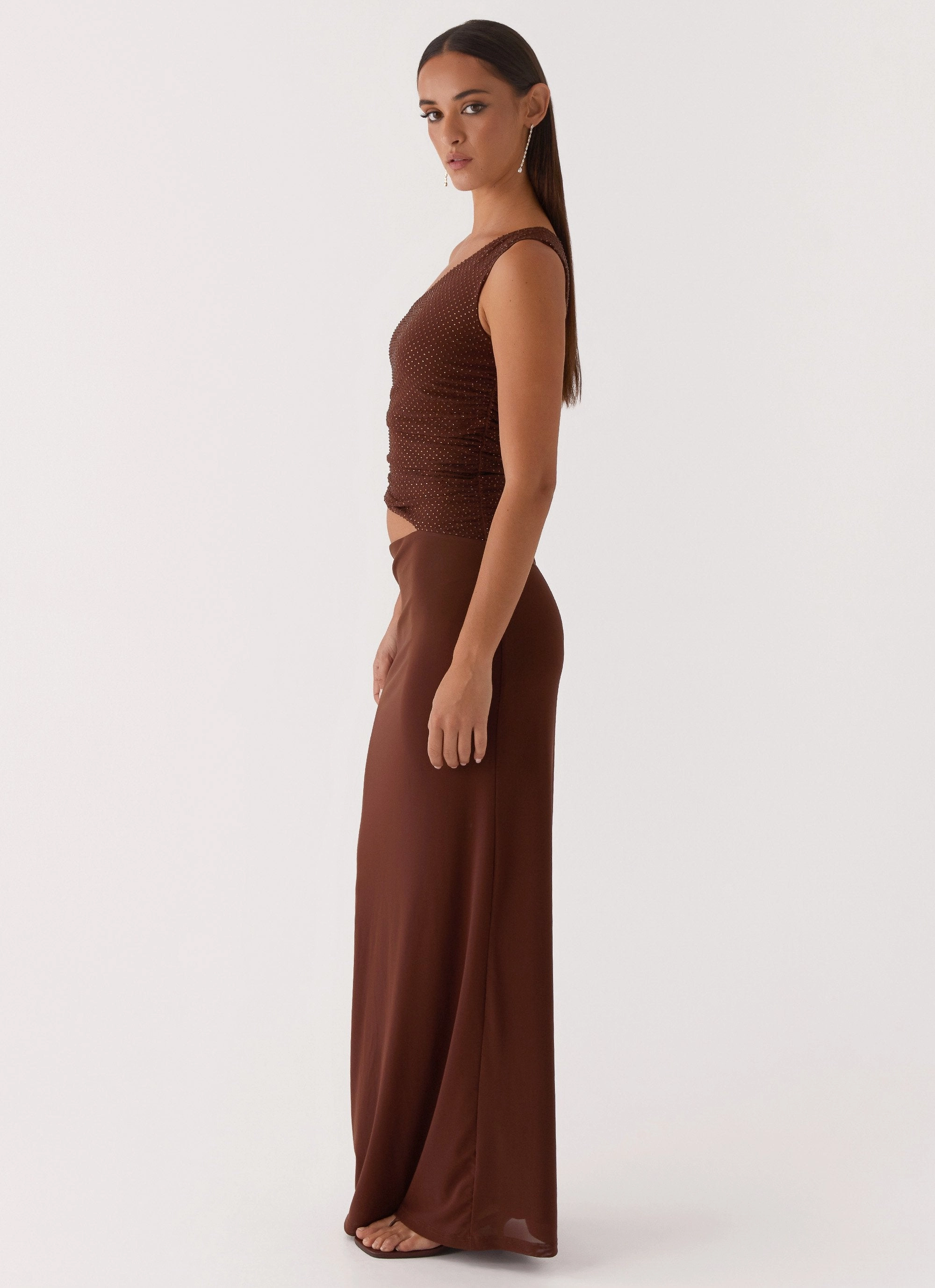 Fashionable Style Seranella Sequin One Shoulder Maxi Dress - Chocolate