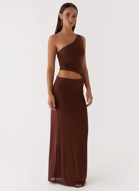 Seranella Sequin One Shoulder Maxi Dress - Chocolate Flattering Comfort Wear Soft Movement