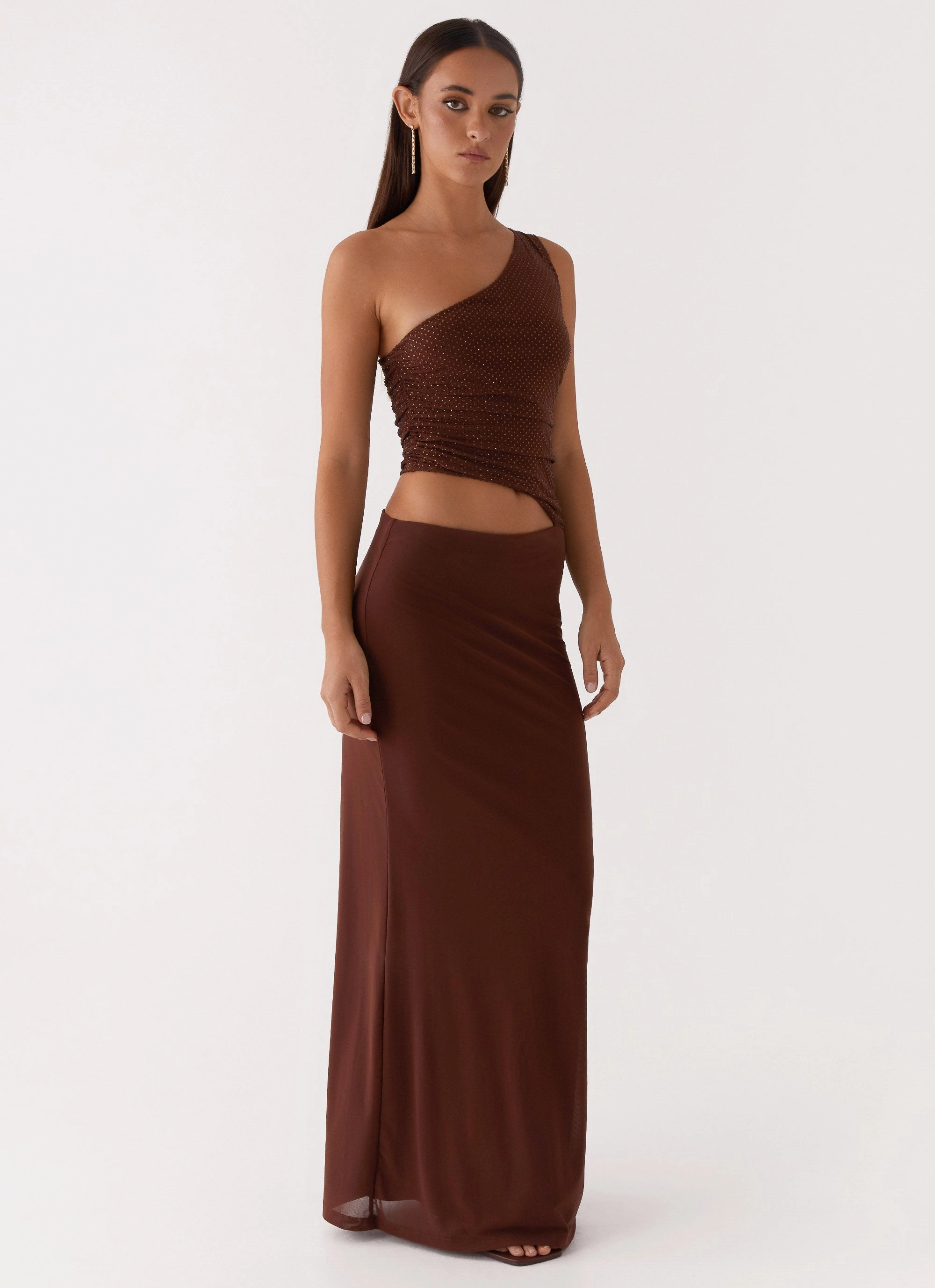 Seranella Sequin One Shoulder Maxi Dress - Chocolate Flattering Comfort Wear Soft Movement