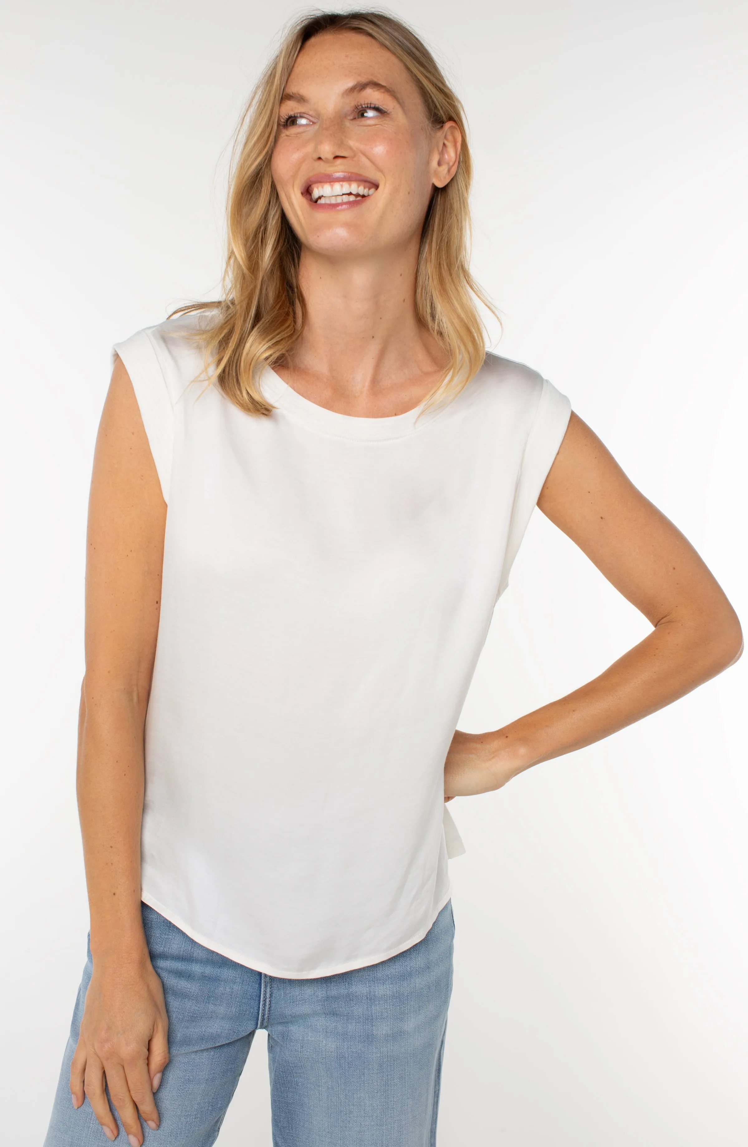 Fashionable Look Sleeveless Woven Knit Top | Whipped Cream spandex blend Smooth Seam Technology